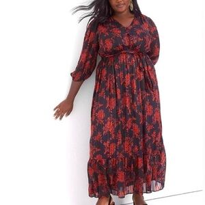 Lane Bryant Red Black Floral Chiffon Belted Pleaded Maxi Dress 24